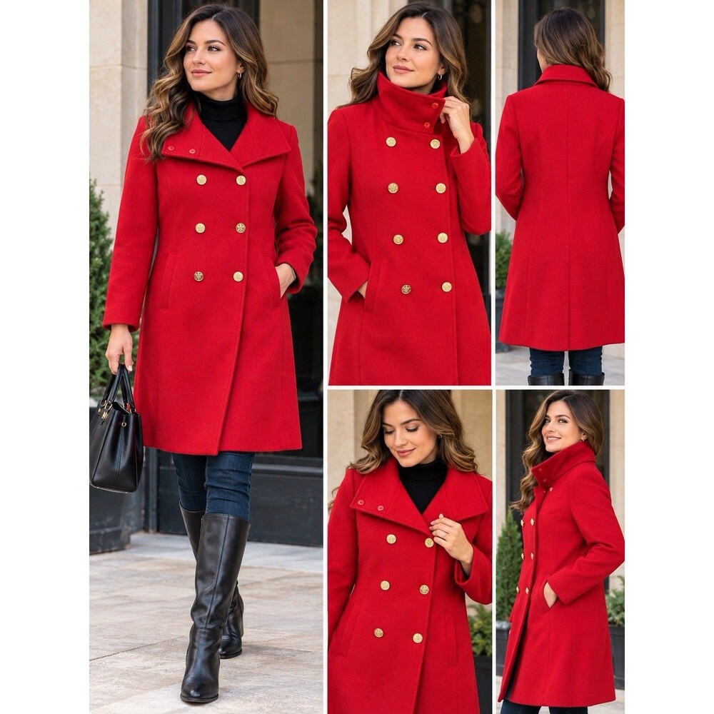 Talbots Women’s Large Red Wool Blend Double Breasted Long Coat Gold Buttons